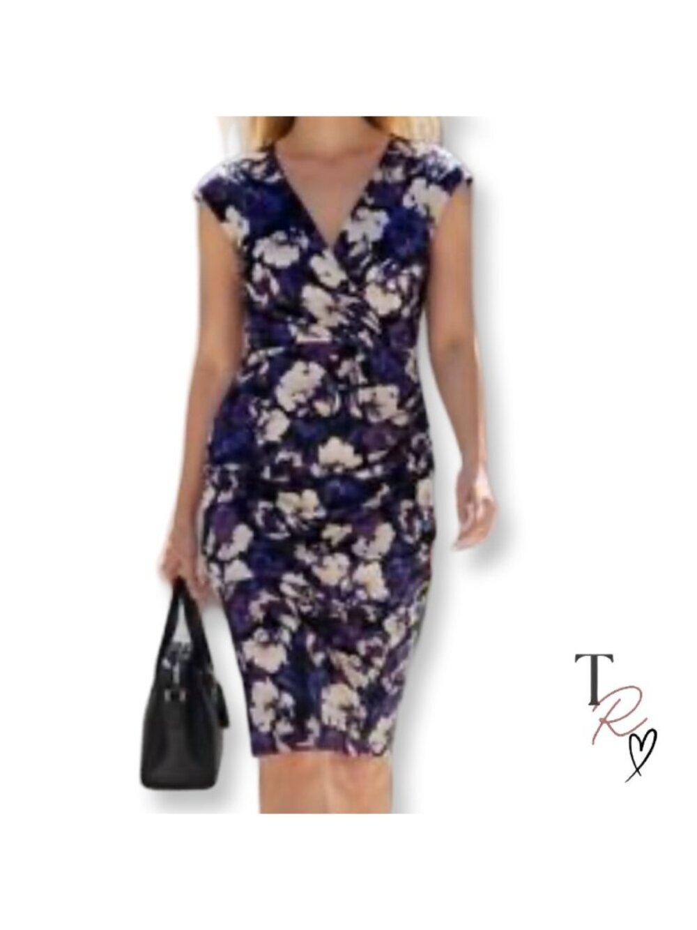 Lauren Ralph Lauren  Blue Purple Floral Faux Wrap Sheath Cocktail Dress Size 14